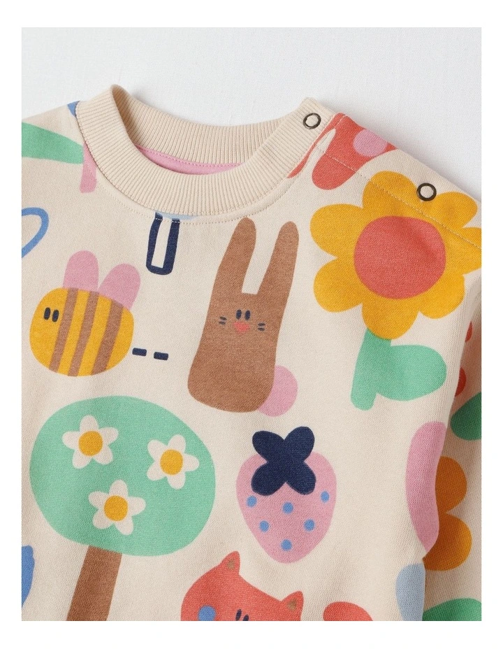 Essentials River Sweat Top with Happy Days Print in Oat Marle image 2
