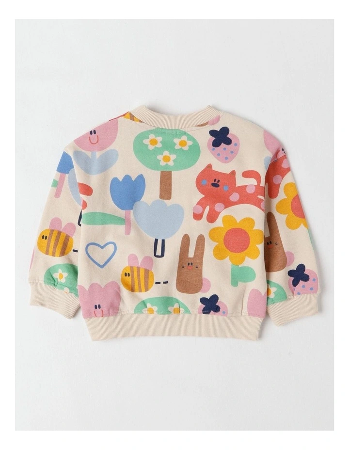 Essentials River Sweat Top with Happy Days Print in Oat Marle image 3