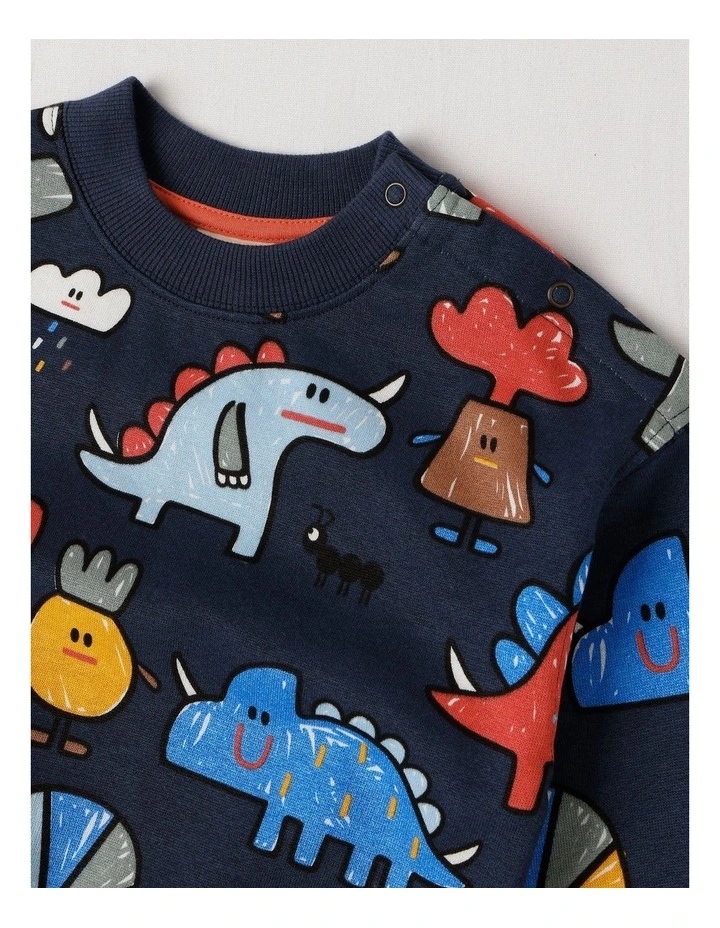 Essentials River Sweat Top with Dinosaur Country Print in Navy image 2