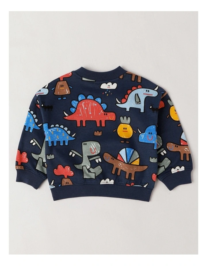 Essentials River Sweat Top with Dinosaur Country Print in Navy image 3