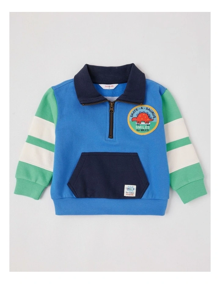 Eddie 1/2 Zip Sweat Top with Badging in Blue image 1