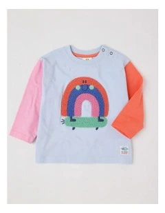 Essentials Arlo Colourblocked Rainbow Skater Boucle Tee in Light Blue