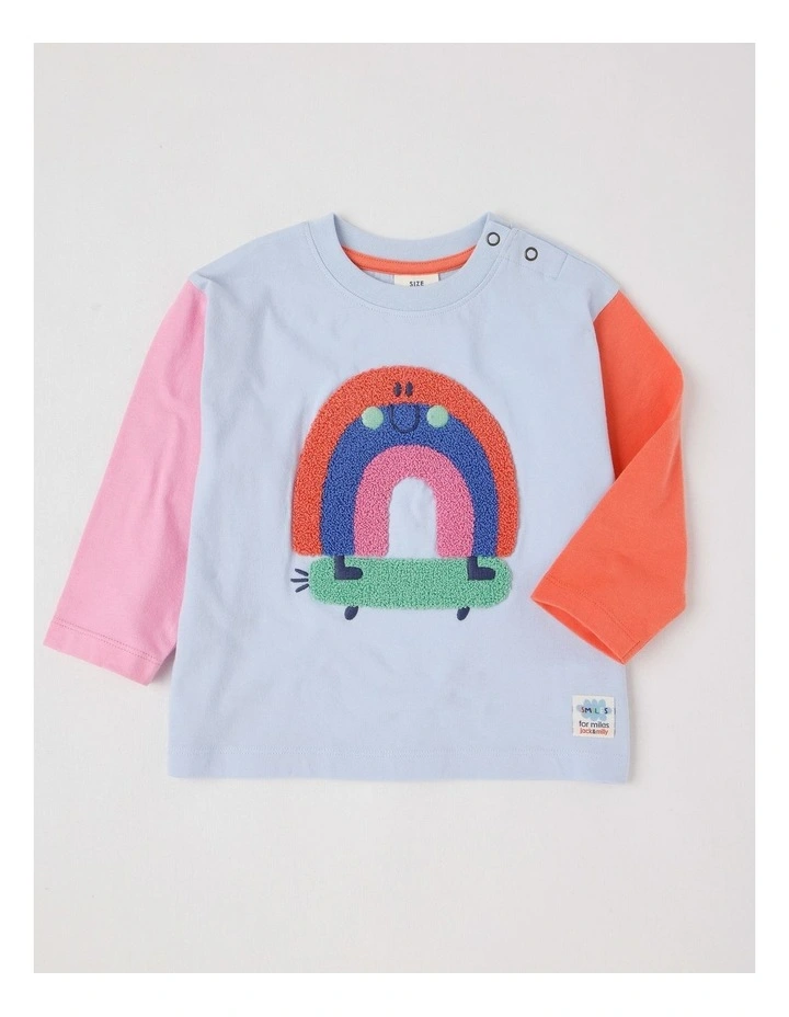 Essentials Arlo Colourblocked Rainbow Skater Boucle Tee in Light Blue image 1