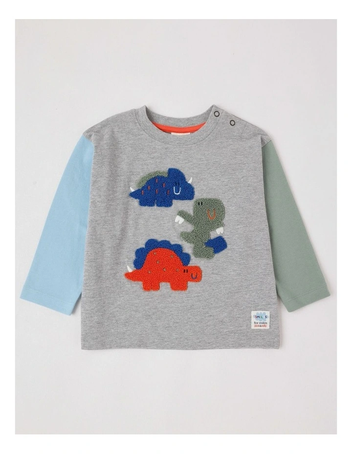 Essentials Arlo Colourblocked Dinosaur Boucle Tee in Grey Marle image 1