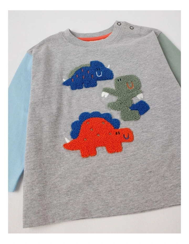 Essentials Arlo Colourblocked Dinosaur Boucle Tee in Grey Marle image 2
