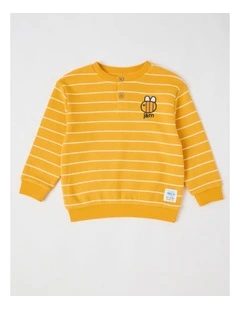 Albi Stripe Waffle Henley Tee with Bee Embroidery in Yellow