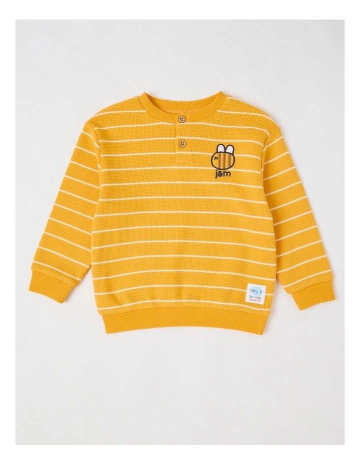 Albi Stripe Waffle Henley Tee with Bee Embroidery in Yellow image 1