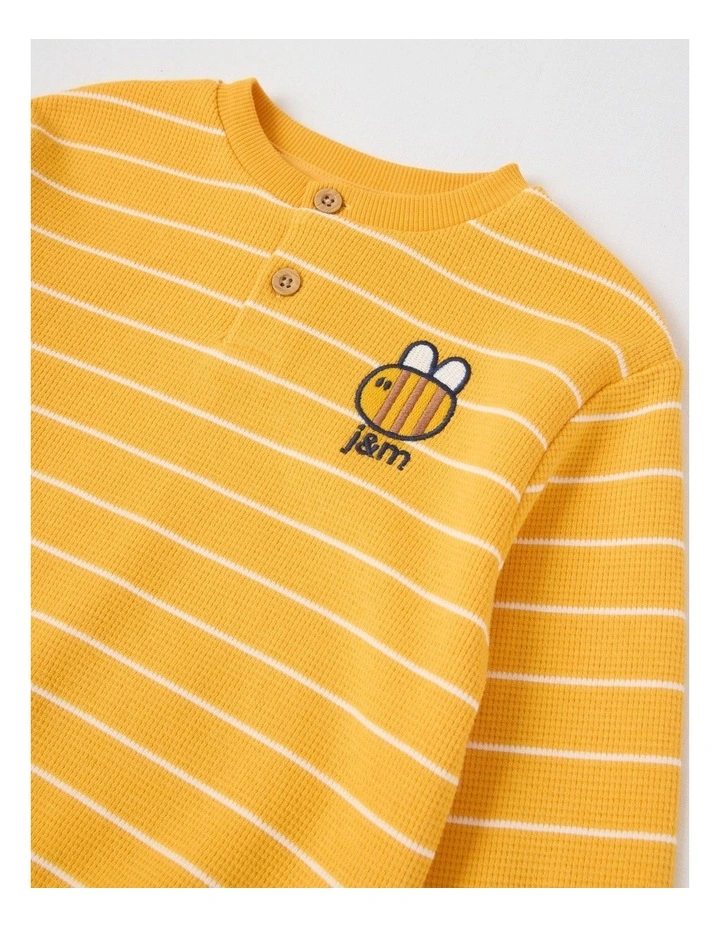 Albi Stripe Waffle Henley Tee with Bee Embroidery in Yellow image 2