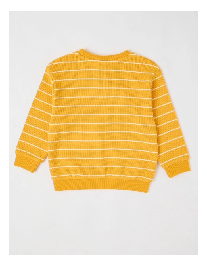 Albi Stripe Waffle Henley Tee with Bee Embroidery in Yellow image 3
