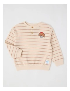 Albi Stripe Waffle Henley Tee with Croissant Embroidery in Oat Marle