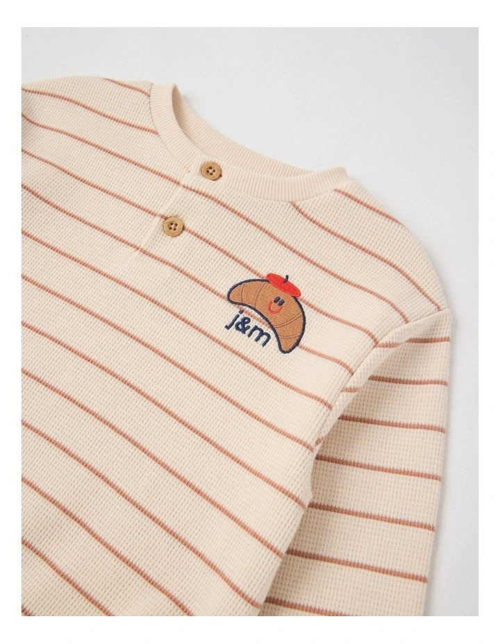 Albi Stripe Waffle Henley Tee with Croissant Embroidery in Oat Marle image 2