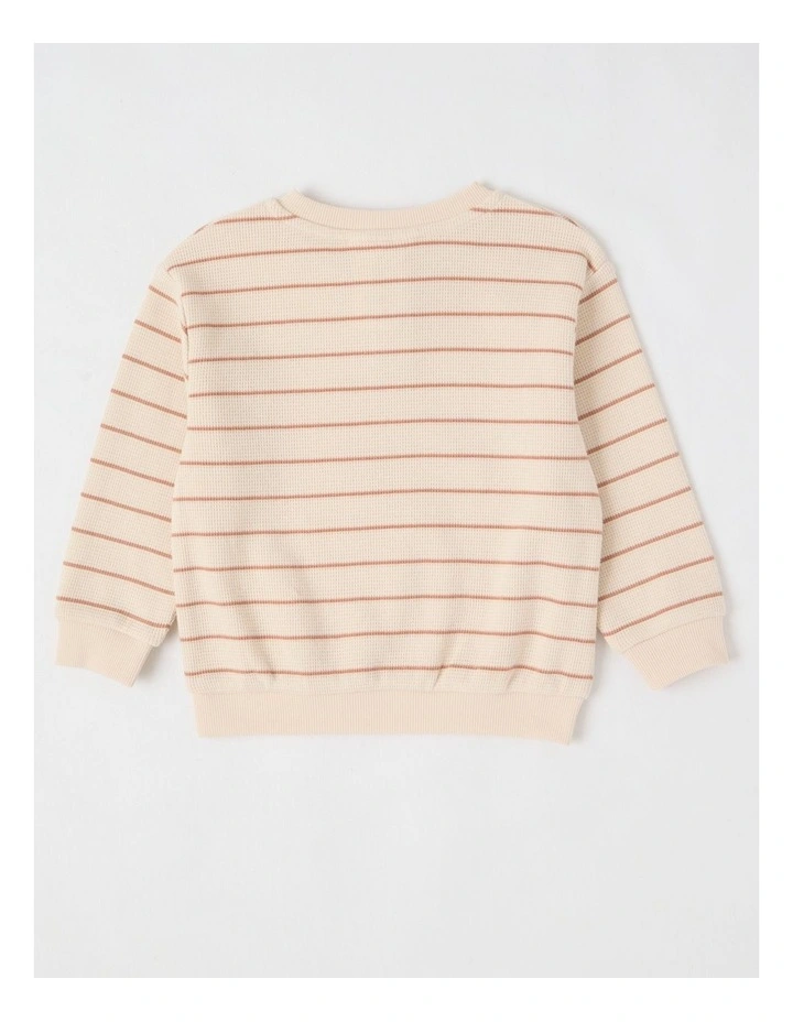 Albi Stripe Waffle Henley Tee with Croissant Embroidery in Oat Marle image 3