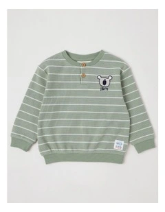 Albi Stripe Waffle Henley Tee with Koala Embroidery in Sage