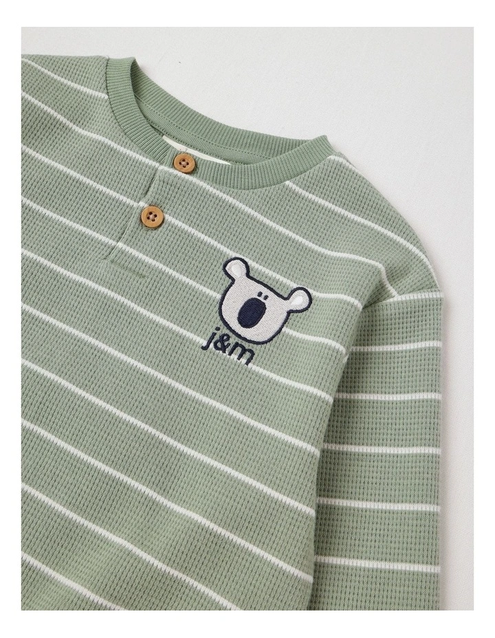Albi Stripe Waffle Henley Tee with Koala Embroidery in Sage image 2