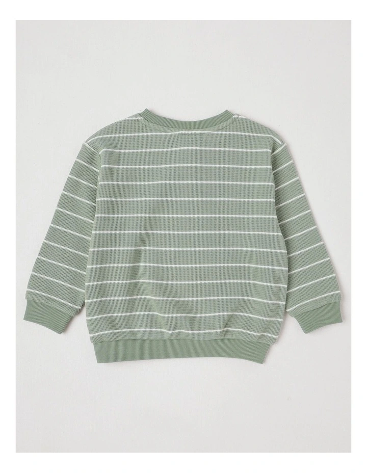 Albi Stripe Waffle Henley Tee with Koala Embroidery in Sage image 3