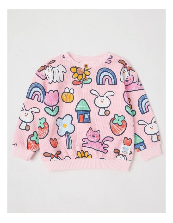 Kit Waffle Henley Tee with Sketchbook Stories Print in Pink image 1