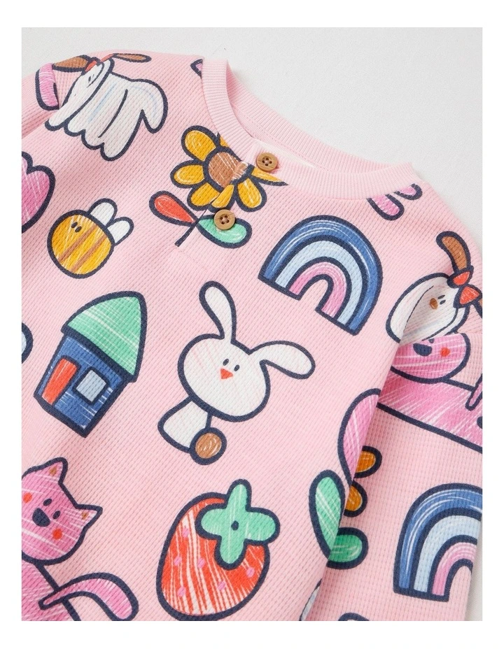 Kit Waffle Henley Tee with Sketchbook Stories Print in Pink image 2