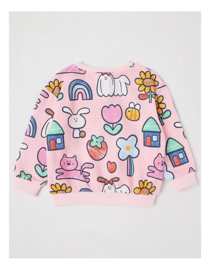 Kit Waffle Henley Tee with Sketchbook Stories Print in Pink image 3