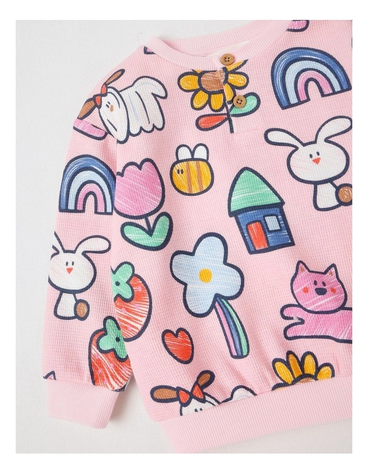 Kit Waffle Henley Tee with Sketchbook Stories Print in Pink image 4