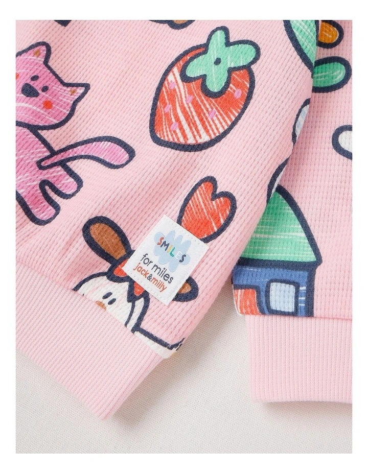 Kit Waffle Henley Tee with Sketchbook Stories Print in Pink image 5