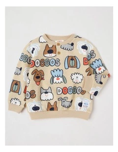 Kit Waffle Henley Tee with Lots Of Doggos Print in Light Brown