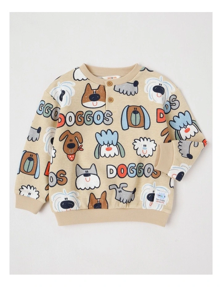 Kit Waffle Henley Tee with Lots Of Doggos Print in Light Brown image 1