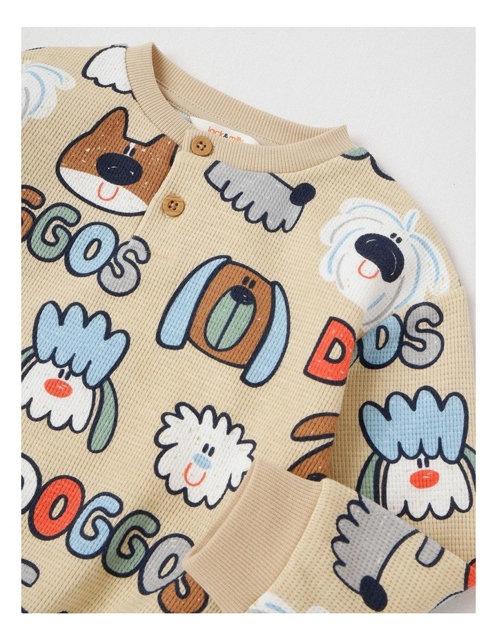 Kit Waffle Henley Tee with Lots Of Doggos Print in Light Brown image 2