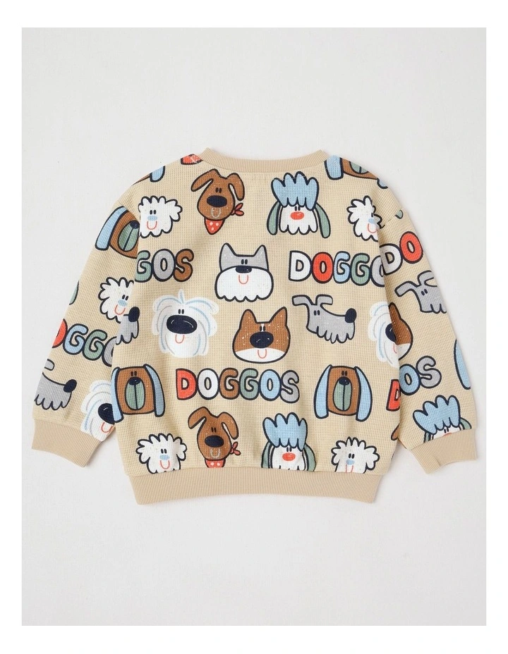 Kit Waffle Henley Tee with Lots Of Doggos Print in Light Brown image 3