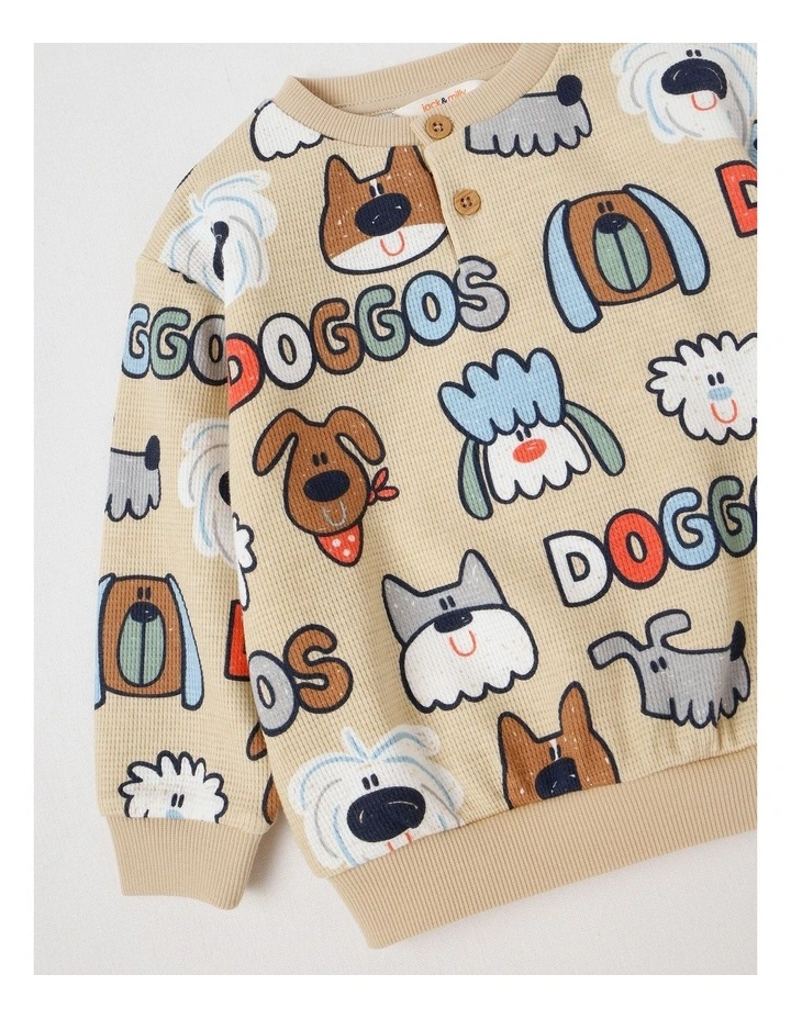 Kit Waffle Henley Tee with Lots Of Doggos Print in Light Brown image 4