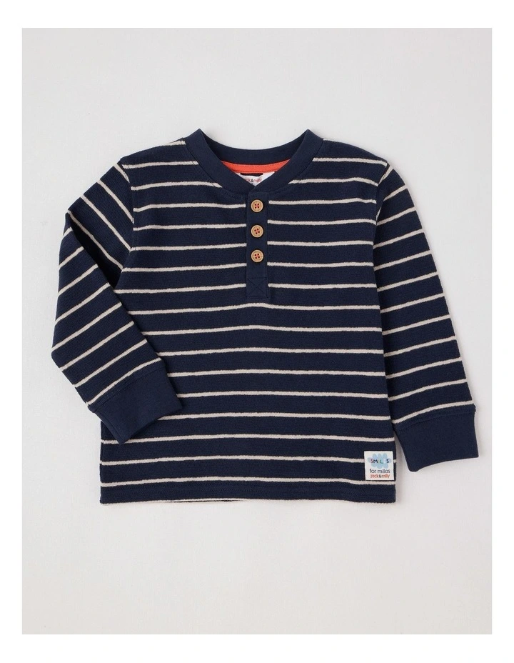 Percy Striped Textured Cotton Henley Tee in Navy image 1