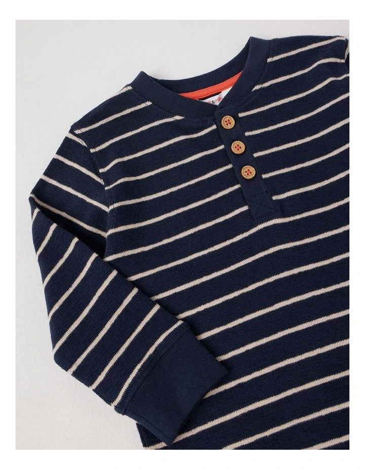 Percy Striped Textured Cotton Henley Tee in Navy image 2