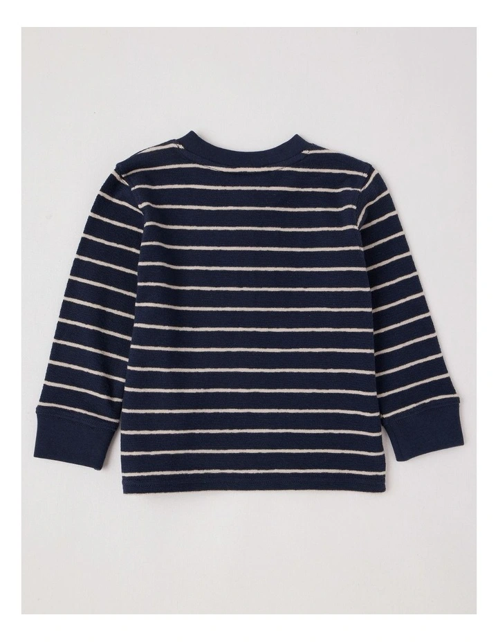 Percy Striped Textured Cotton Henley Tee in Navy image 3