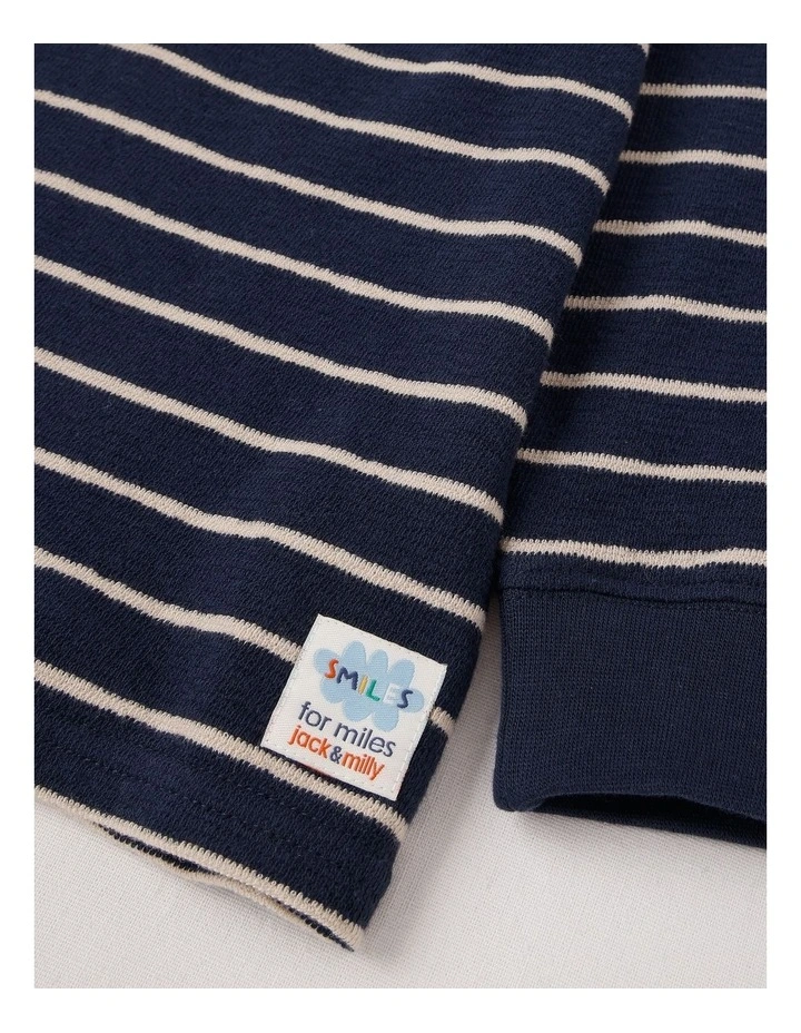 Percy Striped Textured Cotton Henley Tee in Navy image 4