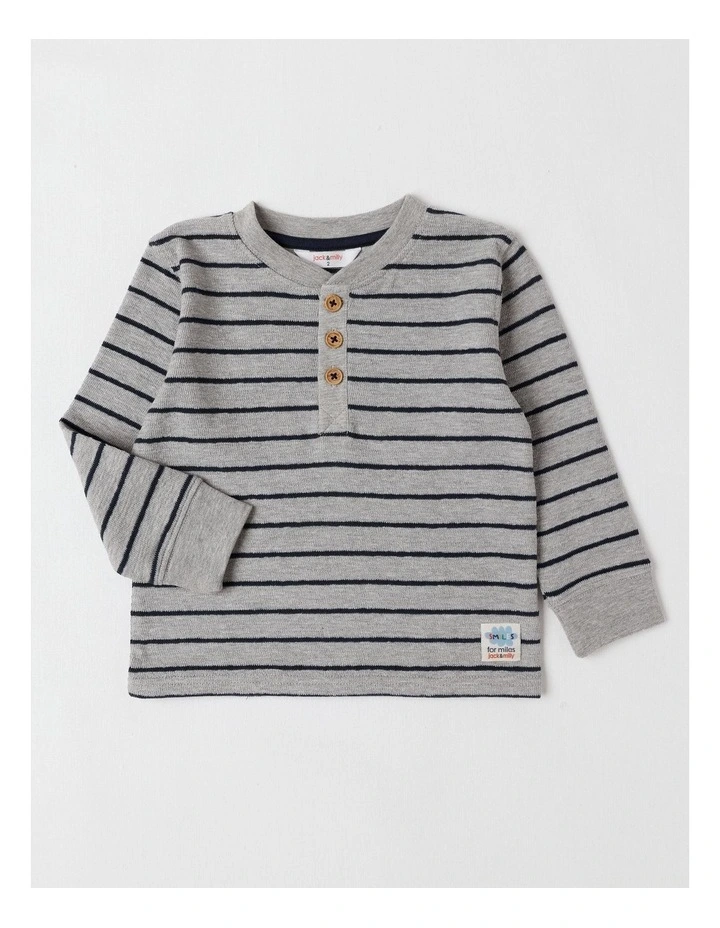 Percy Striped Textured Cotton Henley Tee in Grey image 1