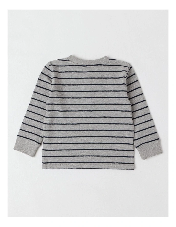 Percy Striped Textured Cotton Henley Tee in Grey image 3