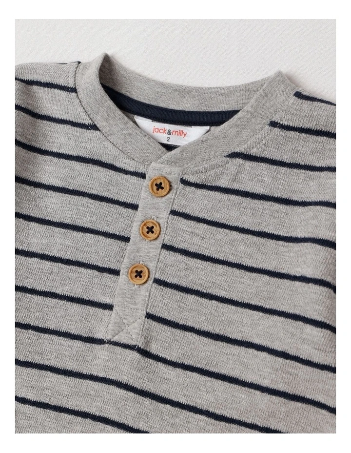 Percy Striped Textured Cotton Henley Tee in Grey image 4