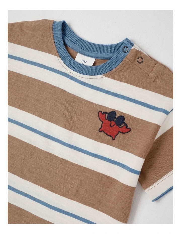 Essentials Archie Stripe Tee with Crab Embroidery in Brown image 2