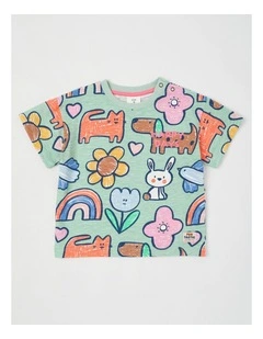 Essentials Arki Tee with Chest Embroidery in Happy Days Print in Green