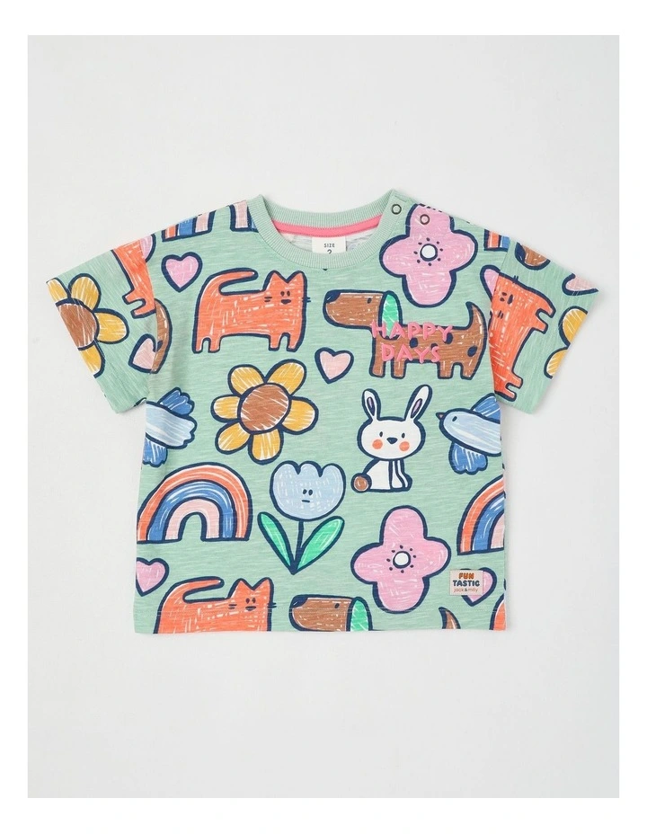 Essentials Arki Tee with Chest Embroidery in Happy Days Print in Green image 1