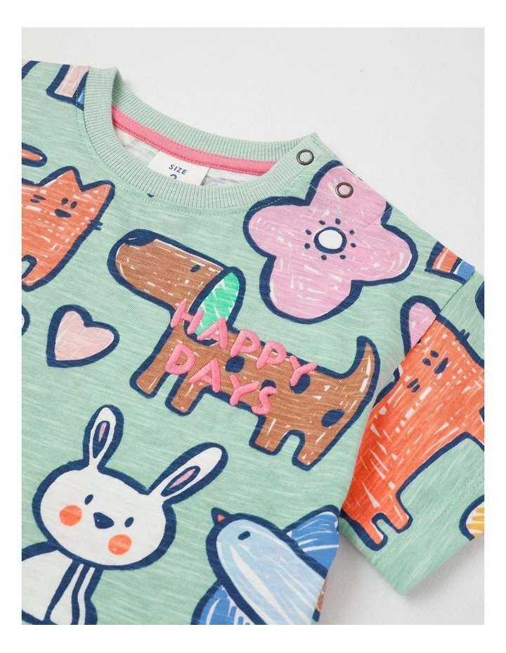 Essentials Arki Tee with Chest Embroidery in Happy Days Print in Green image 2