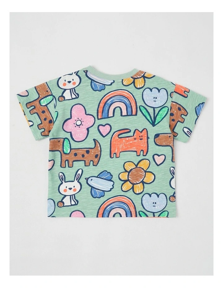Essentials Arki Tee with Chest Embroidery in Happy Days Print in Green image 3