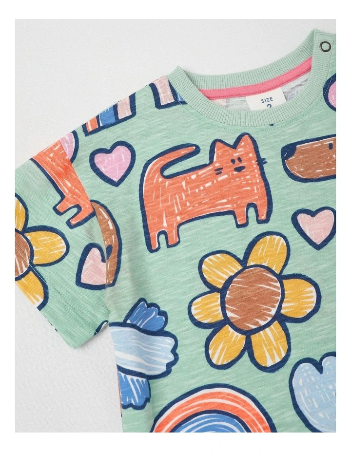 Essentials Arki Tee with Chest Embroidery in Happy Days Print in Green image 4