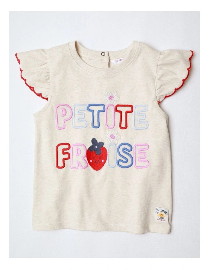 Mia Frill Sleeve Tee With Cord Embroidery And Scallop Edges in Oat Marle image 1