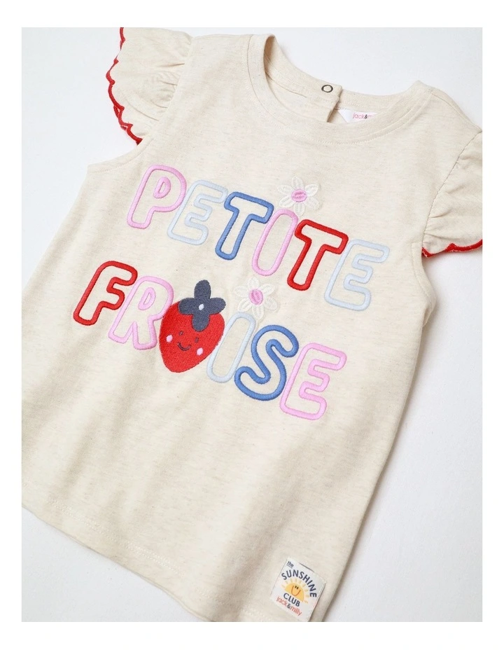 Mia Frill Sleeve Tee With Cord Embroidery And Scallop Edges in Oat Marle image 2
