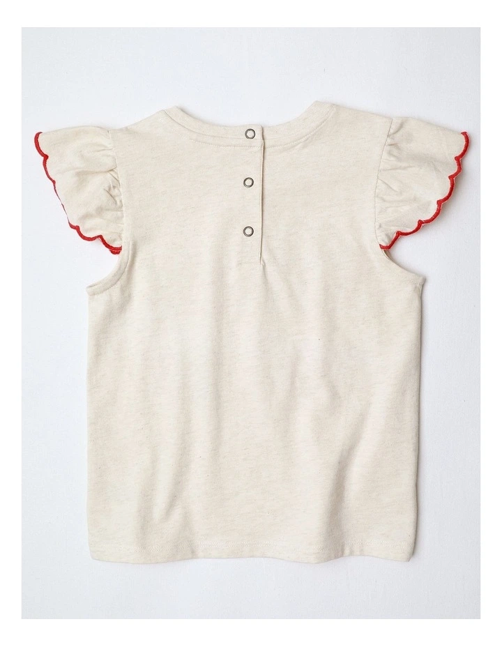 Mia Frill Sleeve Tee With Cord Embroidery And Scallop Edges in Oat Marle image 3