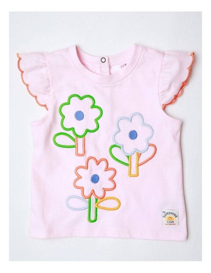 Mia Frill Sleeve Tee With Cord Embroidery And Scallop Edge In Pink image 1
