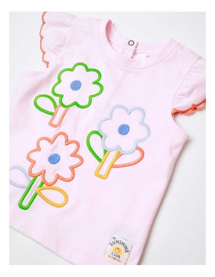 Mia Frill Sleeve Tee With Cord Embroidery And Scallop Edge In Pink image 2