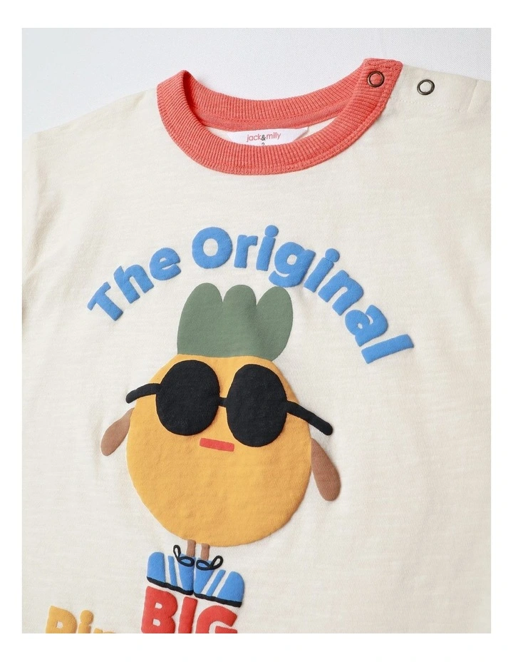 Howie Puff Print Tee with Colourblock Rib in Cream image 2