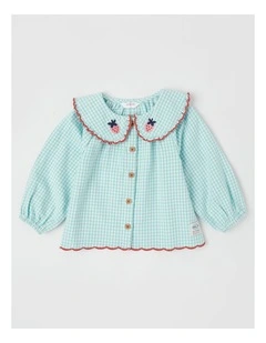 Gigi Gingham Top with Strawberry Embroidery in Sage