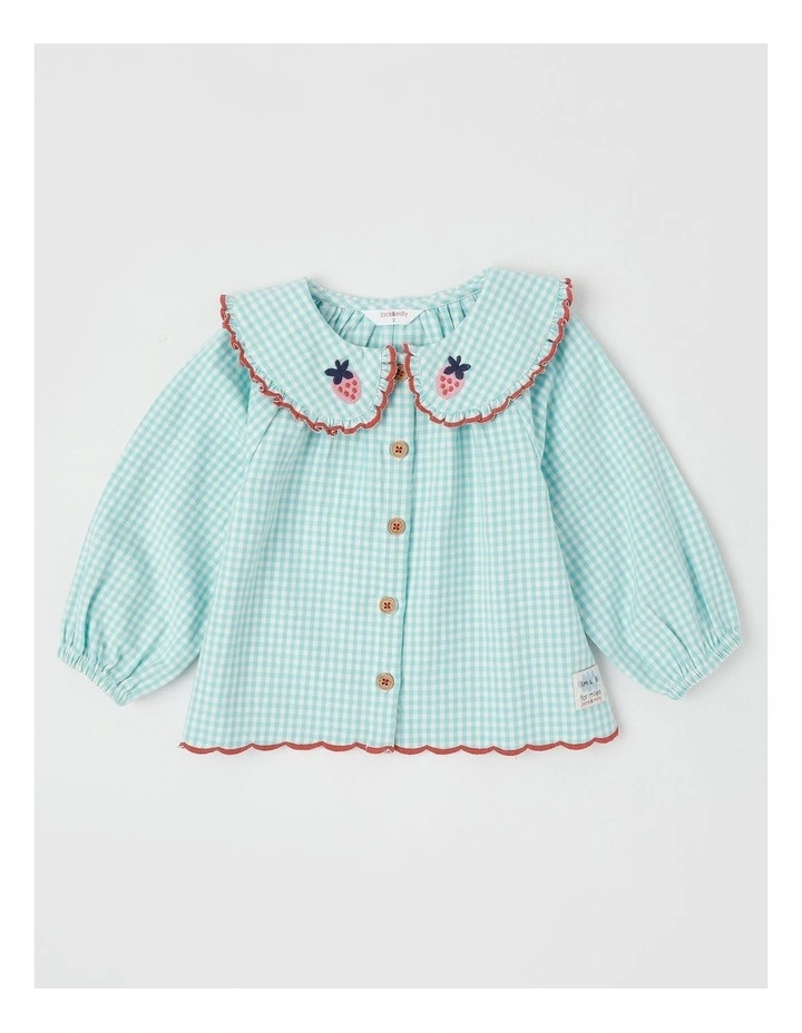 Gigi Gingham Top with Strawberry Embroidery in Sage image 1